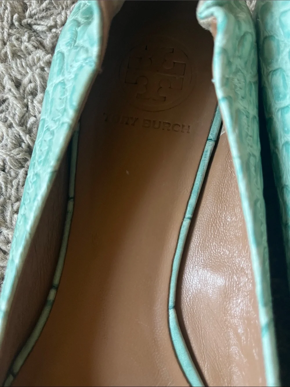 Tory Burch Mint Green Croc-Embossed Logo Ballet Flats
